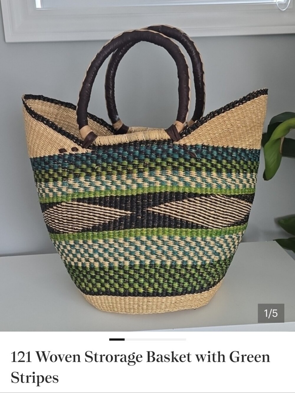 2 Handwoven Green Stripe Beach Tote Bag